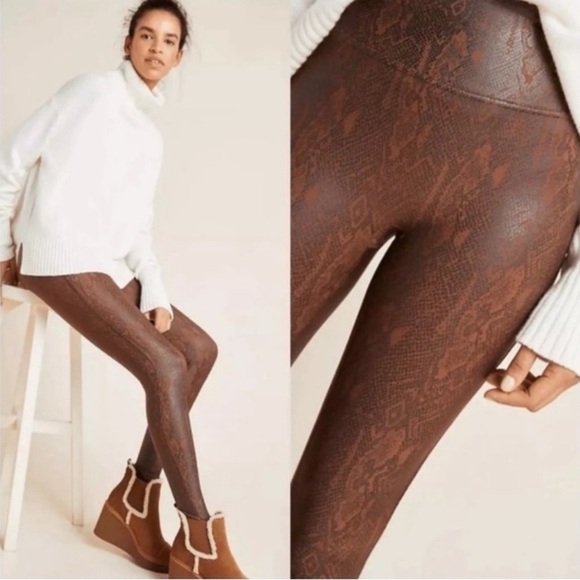 New SPANX Brown Snakeskin Faux Leather Snakeskin Leggings Revolve size XS - Picture 1 of 17